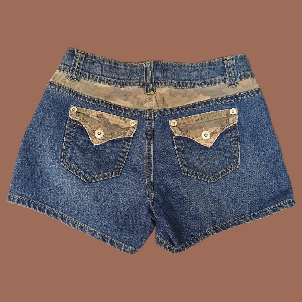 Y2K Low Rise Denim Shorts S Blue Green Camouflage Flap Pockets Jean Shorts 2000s